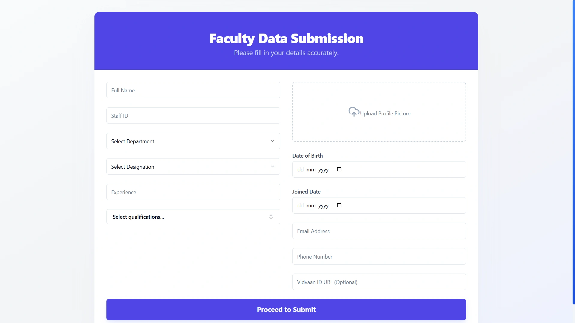 Faculty self-submission flow supporting decentralized contributions.
