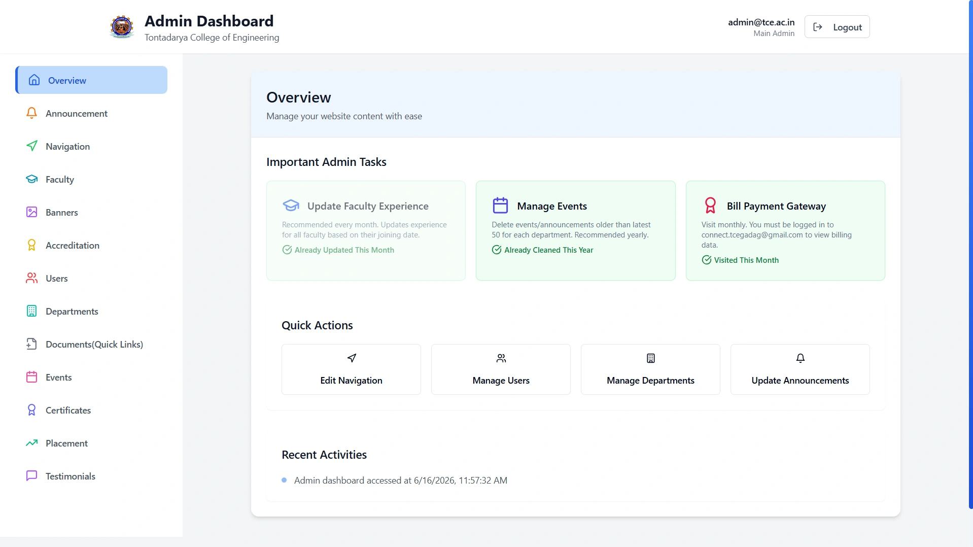 Main admin dashboard for governing navigation, departments, users, and public content.